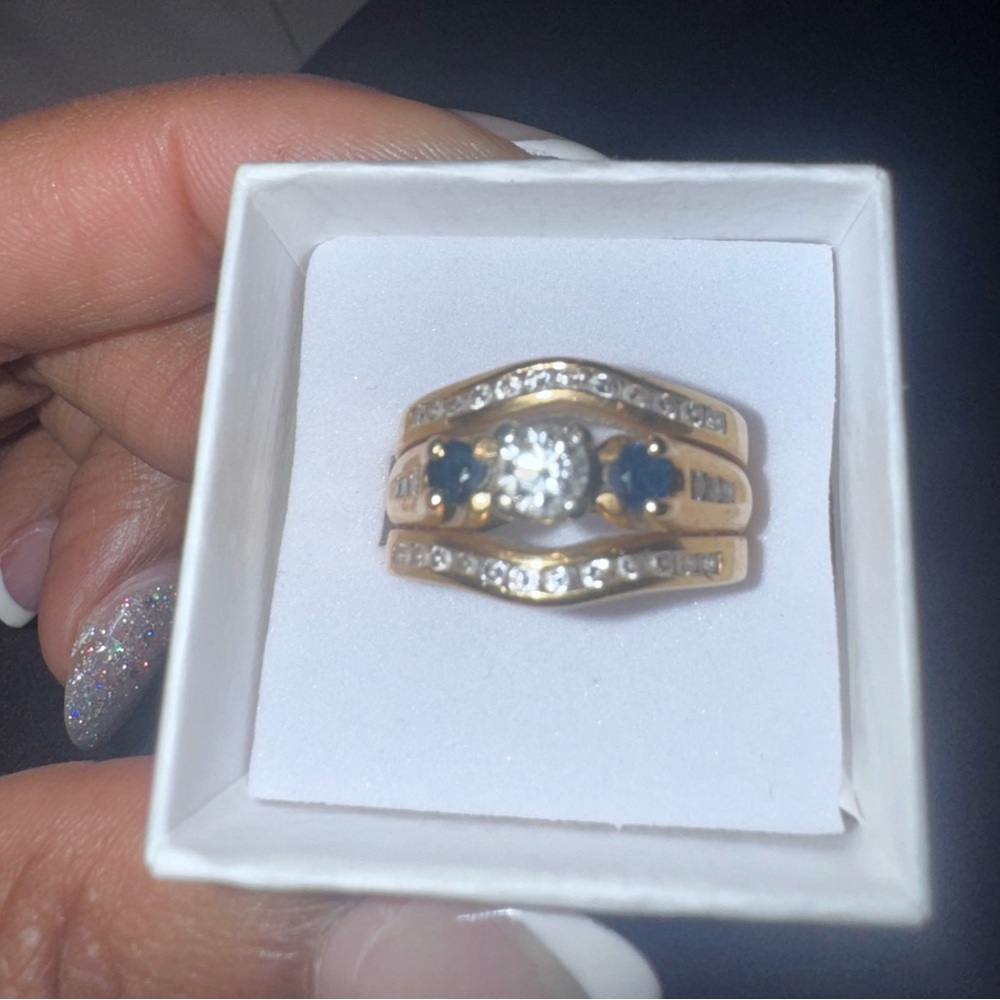 Yellow Gold Diamond and Blue Sapphire Trio Ring Set